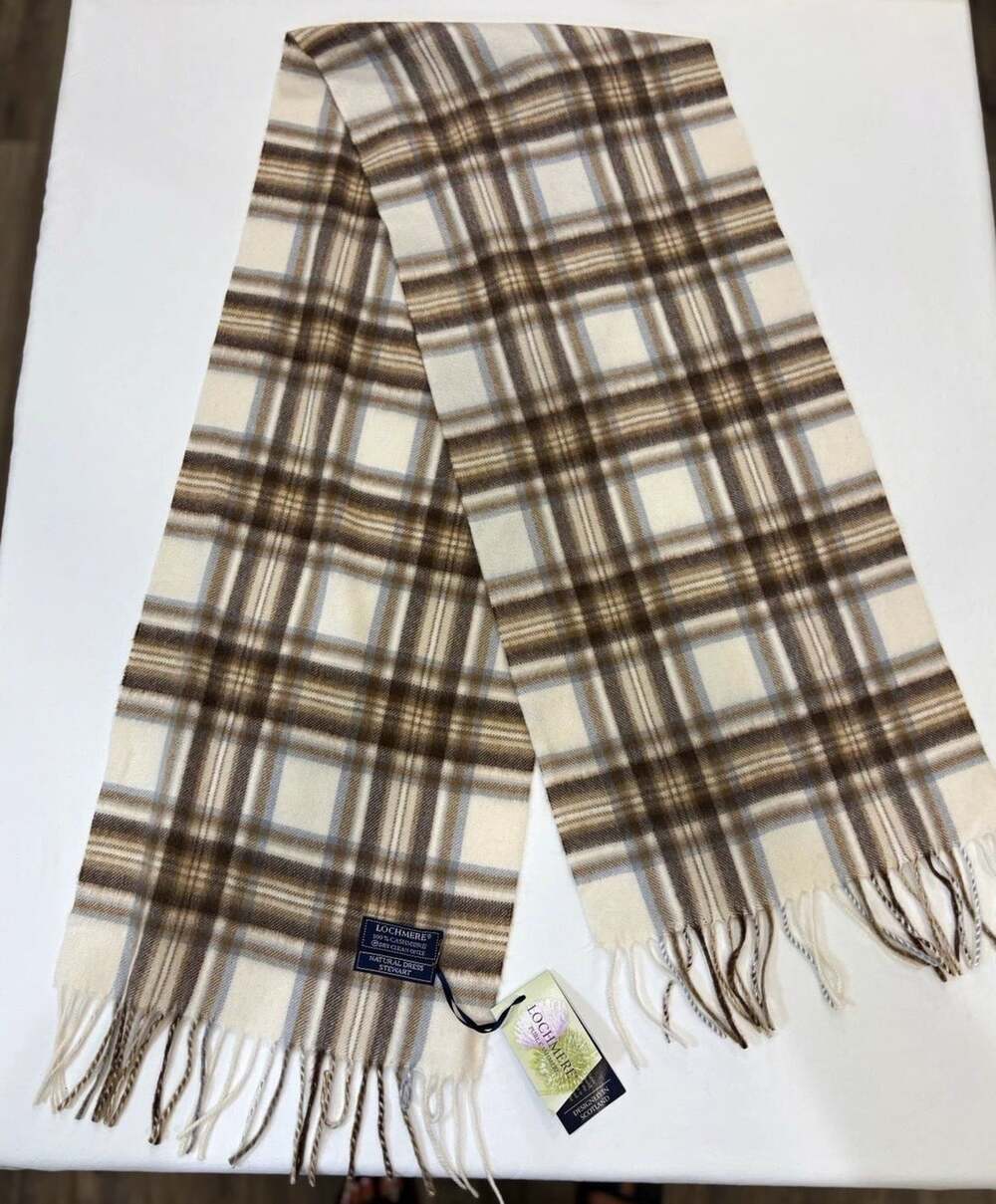 Lochmere Women’s 100% Cashmere Plaid Fringe Rectangle Scarf Ivory Brown Gray